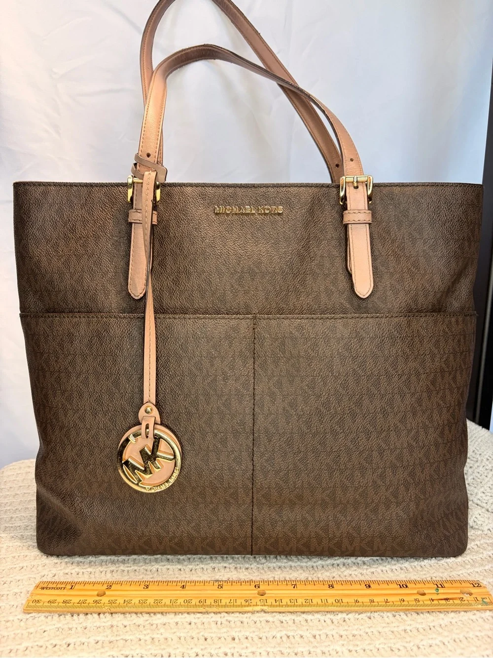 Michael Kors Brown Logo Tote with Light Tan Handles